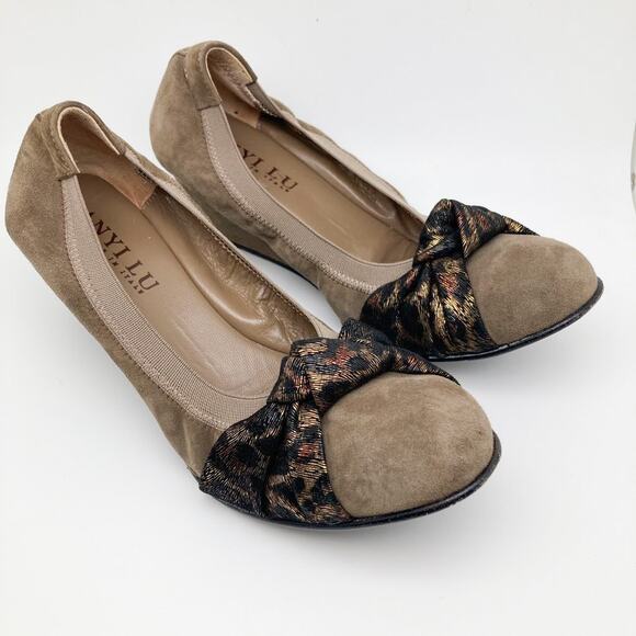 Anyi Lu Womens Wedges Beige Leather Leopard Scrunch Slip On Italy EUR 37 US 6.5M - Picture 1 of 10